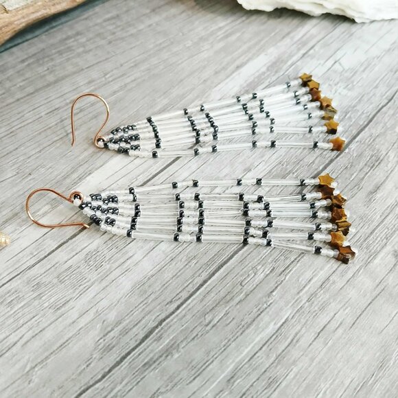 Beaded Fringe Dangle Earrings, Tigers Eye Stars, 3.5" - Picture 3 of 6